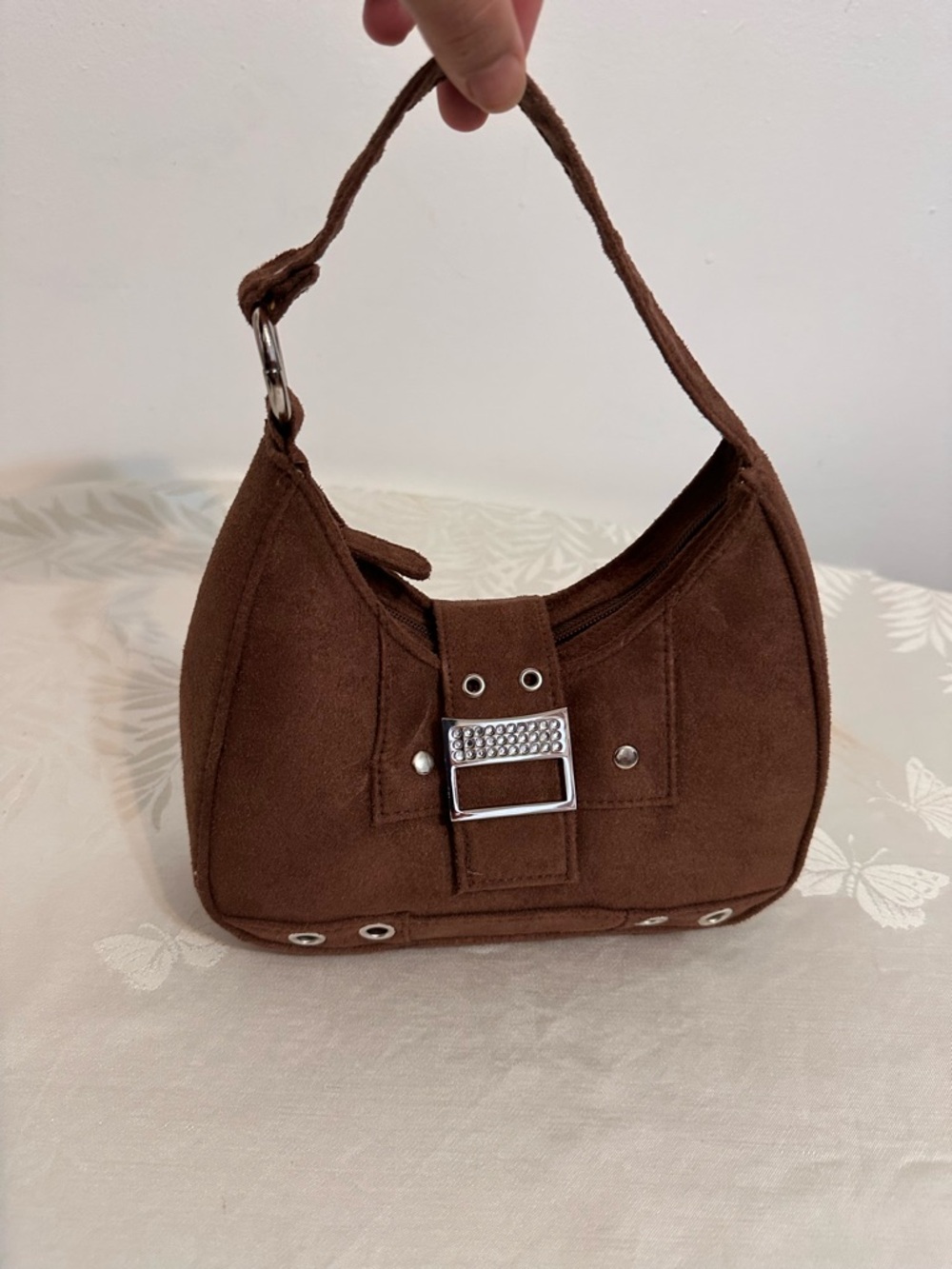 Compact Brown Suede Shoulder Bag with Silver Buckle Accent